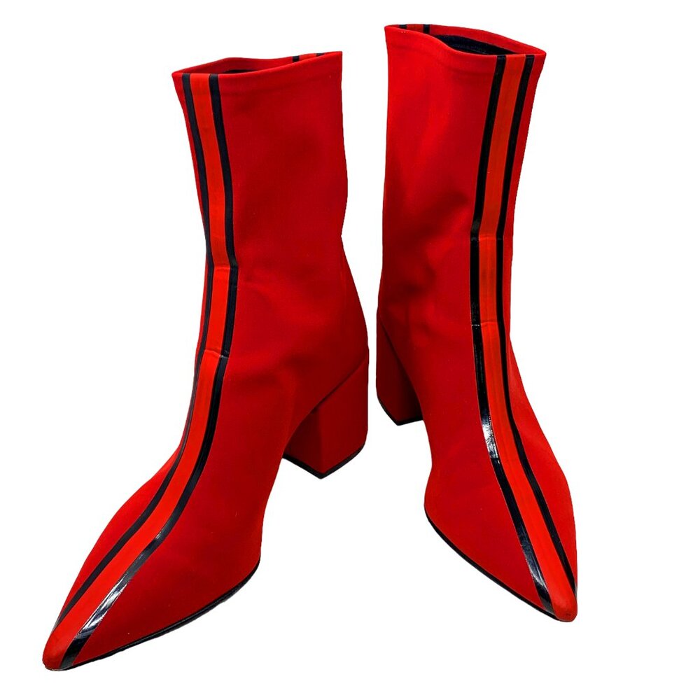 Elena Iachi Red Stretch Patent‎ Leather Stripe Pull On  Ankle Boots